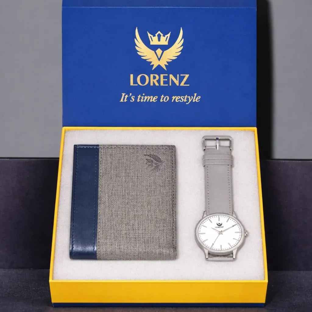 LORENZ Slim White Dial Watch & Grey Wallet Gift Combo for Men and Boys "Ham09"